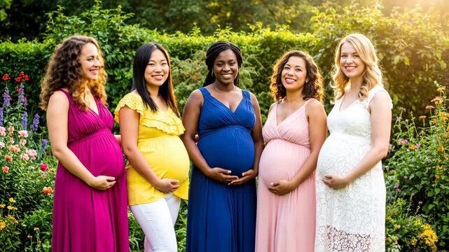 Diverse Group of Pregnant Women - A group of five pregnant women of diverse ethnicities stand together in a garden, smiling and holding their bellies.