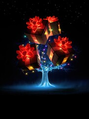 Enchanted tree with glowing red flowers under starlit sky