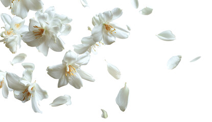White flowers & petals drifting in air on black. Soft, ethereal feel