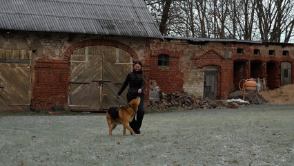 A woman trains a guard dog, a woman and her fighting dog. A training moment.