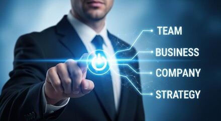 Businessman s hand touching a glowing digital interface with business strategy concepts