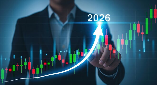 Businessman points to upward trending stock market graph with 2026 overlay indicating future growth