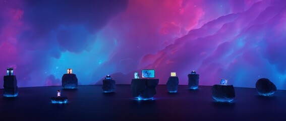 Bottles illuminated with vibrant neon blue and pink light