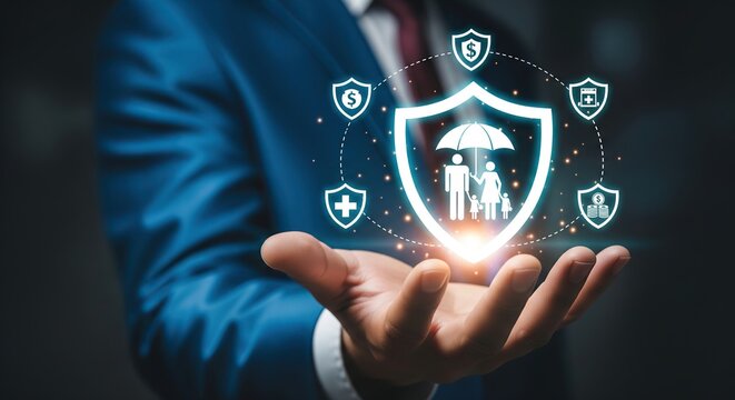 Businessman s hand projecting a glowing shield with family and umbrella protecting against digital threats