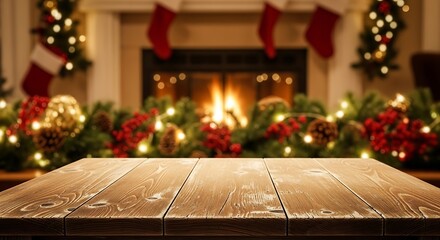 Empty wooden table with blurred festive christmas fireplace background