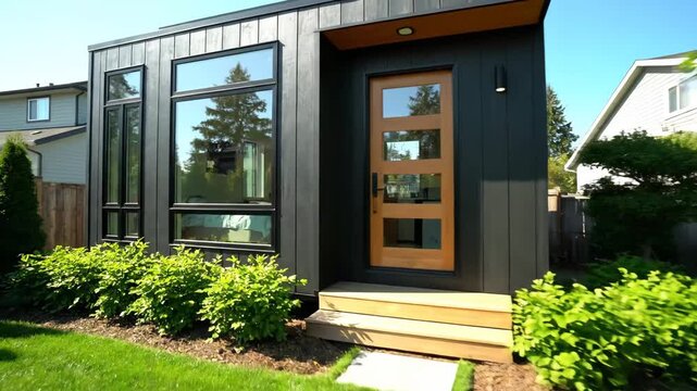Modern Prefab Backyard Accessory Dwelling Unit - A modern black prefab accessory dwelling unit (ADU) sits on a well-manicured lawn with green bushes.