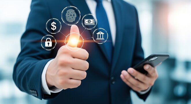 Businessman gives thumbs up with financial technology icons and smartphone in hand