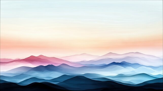 A panoramic view of layered mountain ranges fading into the distance, bathed in the soft, hazy light of sunrise with gradients of deep blue, pink, and orange. - Powered by Adobe