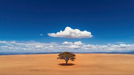 A solitary acacia tree stands in a wide, dry savannah under a bright blue sky dotted with fluffy white clouds. The landscape is expansive and serene, with rolli