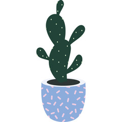 A Dark Green Prickly Pear Cactus Plant in a Light Blue Decorative Pot with Pink Specks on a White Background