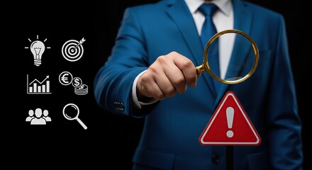 Businessman examining a red warning triangle with a magnifying glass and business icons