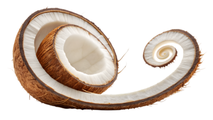 Flying Fresh Coconut Meat Shavings Curls Isolated on White