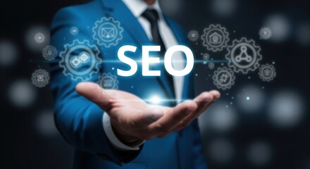Businessman holding glowing seo text with digital gears and network connections
