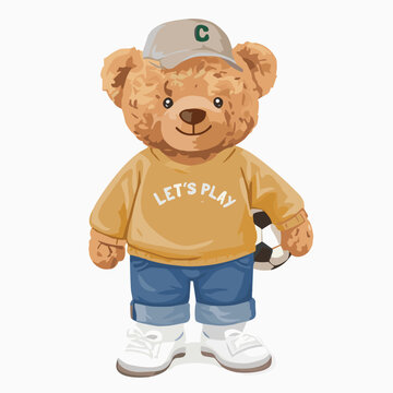 Athletic teddy bear soccer player cartoon character vector illustration standing upright while holding a football securely under his arm, ready to play.