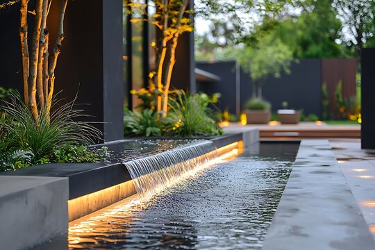 Close-up of a modern garden water feature with flowing water and orange lighting Image