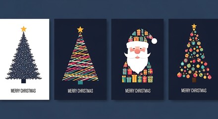Four Christmas holiday card collection artistic trees and joyful Santa illustrations spreading festive cheer and