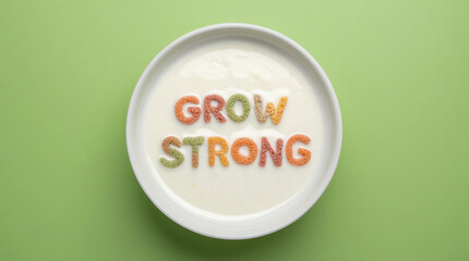 Grow Strong Typography of cereal bowl, top view, green background, new resolution concept