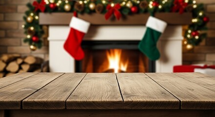 Empty wooden table with blurred christmas fireplace and stockings in background