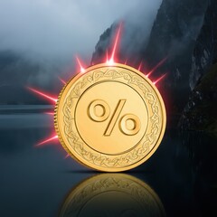 Golden coin with percentage symbol emitting red light