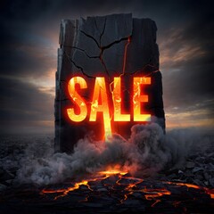 Fiery sale announcement emerging from volcanic landscape