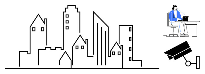 Urban security. Urban security illustrated with city buildings, surveillance camera, and desk worker protection and smart monitoring. For smart cities, surveillance, urban management, corporate