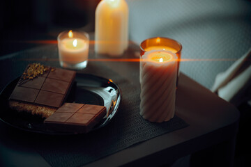 Candles and Chocolates on a Table for a Romantic Date. Aphrodisiac food in soft candlelight suitable for romance and love