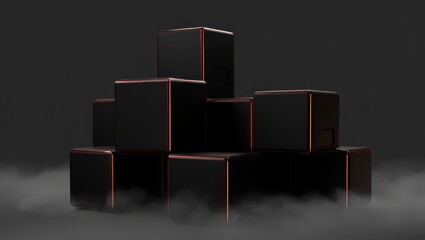 Dark geometric display pedestals with red accents in fog