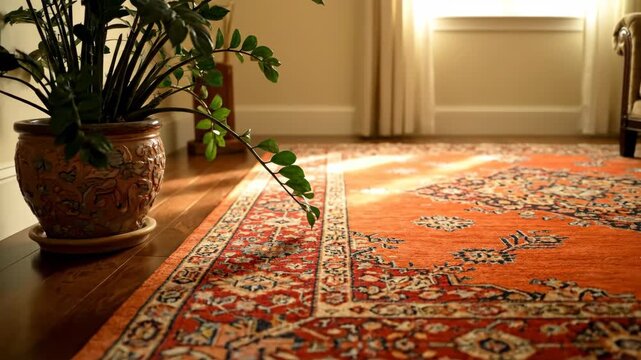 Elegant Room Interior with Oriental Rug - A low angle shot of an elegant interior featuring an ornate orange oriental rug, hardwood floors, and a ZZ plant in a decorative pot.