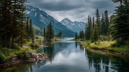 Serene mountain lake in canada surrounded by lush forests and reflections of snow-capped peaks under clear blue sky