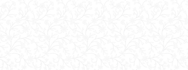 Minimal seamless small floral line pattern with thin botanical vines, leaves and flowers on white background