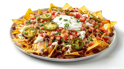 Loaded nachos platter with melted cheese, beans, salsa, sour cream, and jalapenos for advertising.