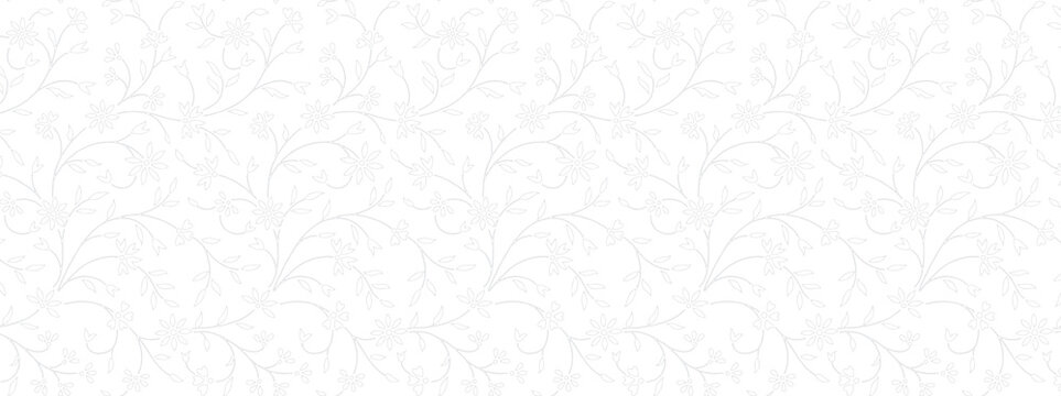 Minimal seamless small floral line pattern with thin botanical vines, leaves and flowers on white background