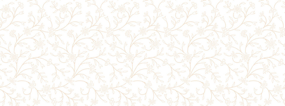 Minimal seamless small floral line pattern with thin botanical vines, leaves and flowers on white background