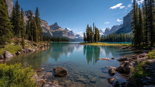 Serene mountain lake in canada surrounded by lush forests and reflections of snow-capped peaks under clear blue sky