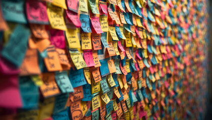 Wall full with post-it, background of colorful sticky notes, Organized Work Area, post-it display, Creative Work Environment