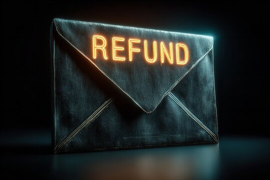 Bright refund envelope glowing in a dimly lit space conveys promise of money returned to customers
