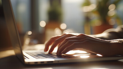 柔らかな光に包まれた手元がノートパソコンをタイピングする仕事風景「生成AI」