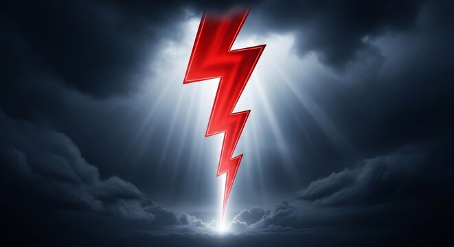 Red Lightning Bolt Amidst Stormy Clouds - A Powerful Symbol of Energy.
