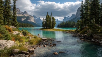 Serene mountain lake in canada surrounded by lush forests and reflections of snow-capped peaks under clear blue sky