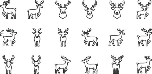 Black and white illustration of deer heads in various styles and poses isolated on white background