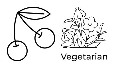 Cherry branch with two leaves beside blooming flowers and foliage. Ideal for nature, vegetarian lifestyle, eco-friendliness, sustainability, organic food, health, branding. Simple flat metaphor