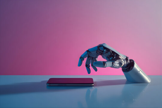 Robotic hand reaching for a smartphone on a reflective surface with a gradient background - Powered by Adobe