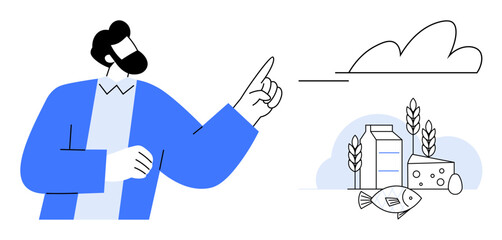 Professional pointing at dairy, fish, grain, cheese, and wheat with a cloud element. Ideal for nutrition, food selection, education health awareness diet planning wellness sustainability. Simple