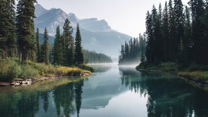 Serene mountain lake in canada surrounded by lush forests and reflections of snow-capped peaks under clear blue sky