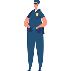 Male Police Officer Standing Confidently Wearing Dark Blue Uniform with Badge and Sunglasses on Transparent Background