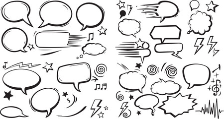 A set of handdrawn comic speech bubbles, thought clouds, and expressive doodle elements, featuring stars, lightning bolts, and speed lines