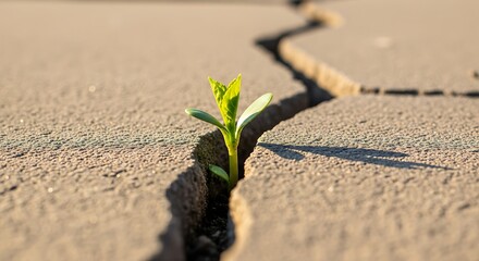 A tiny green sprout emerges from a large crack in dry ground symbolizing hope and resilience