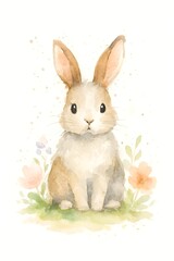 Obraz premium Watercolor Illustration of Alert Rabbit with Floral Background