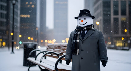 Snowman in Suit Standing in City Winter Scene. A stylish snowman wearing a coat and hat stands in an urban winter setting with softly falling snow.