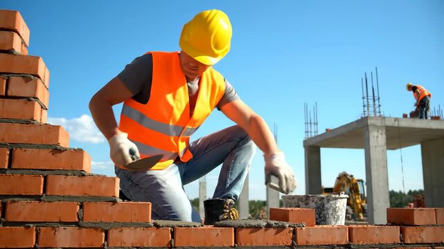 Bricklayer at Work - A construction worker in a hard hat and safety vest is laying bricks on a sunny day at a construction site. He is using a trowel to apply mortar and carefully position each brick.
